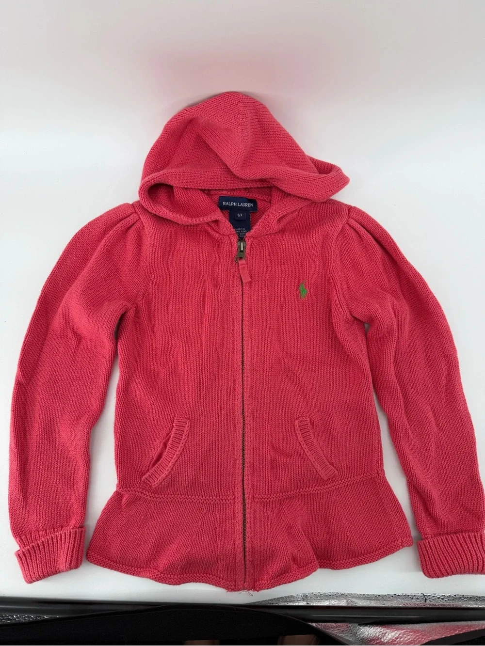 Ralph Lauren Girls 6X Pink Knit Full Zip Sweater Hoodie Peplum Ruffle Hem